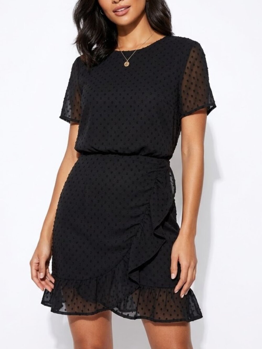 Showpo Black Swiss Dot Ruffle Wrap Mini Dress US 4